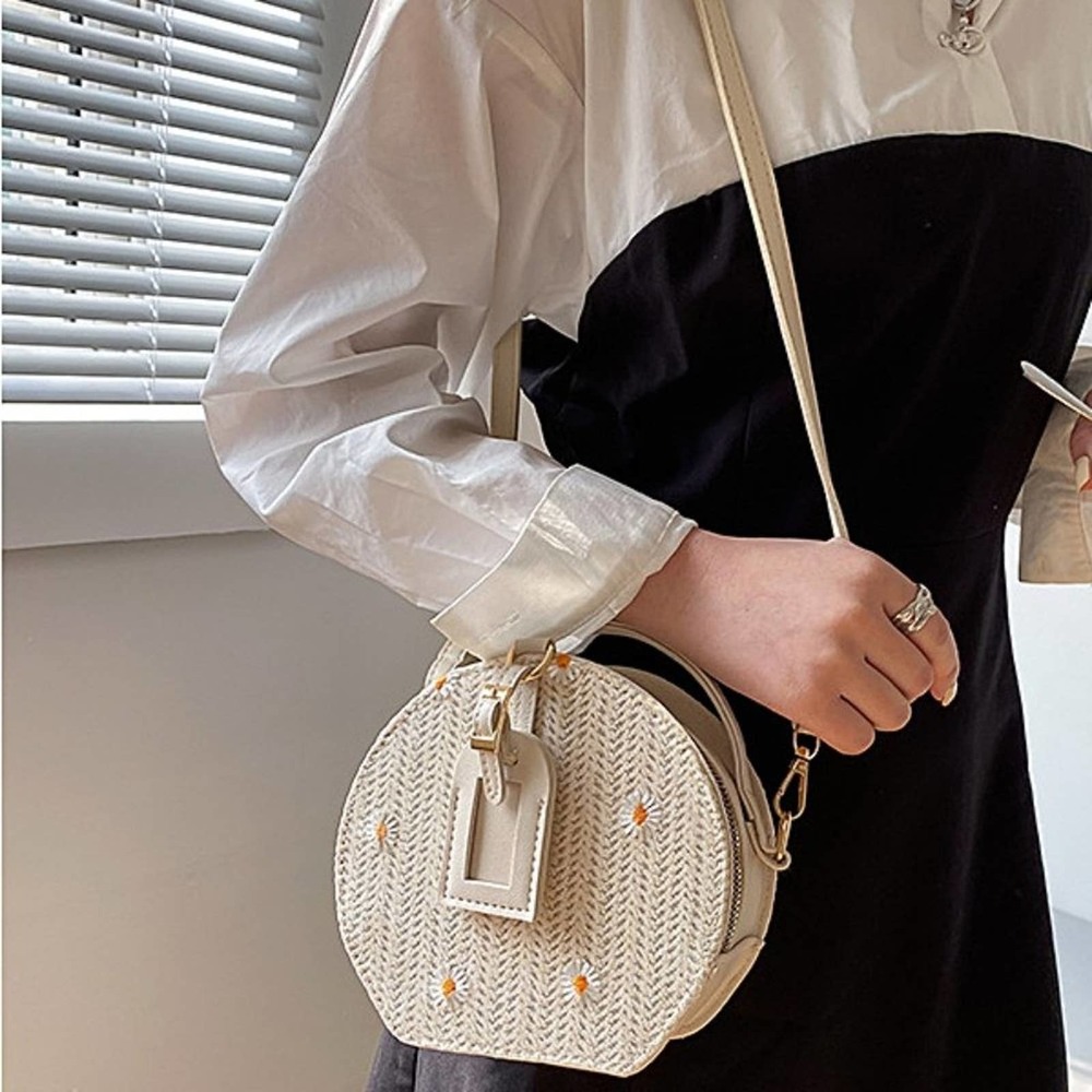 Daisy Flower Embroidered Round Straw Crossbody Bag in Beige - Picture 4 of 8